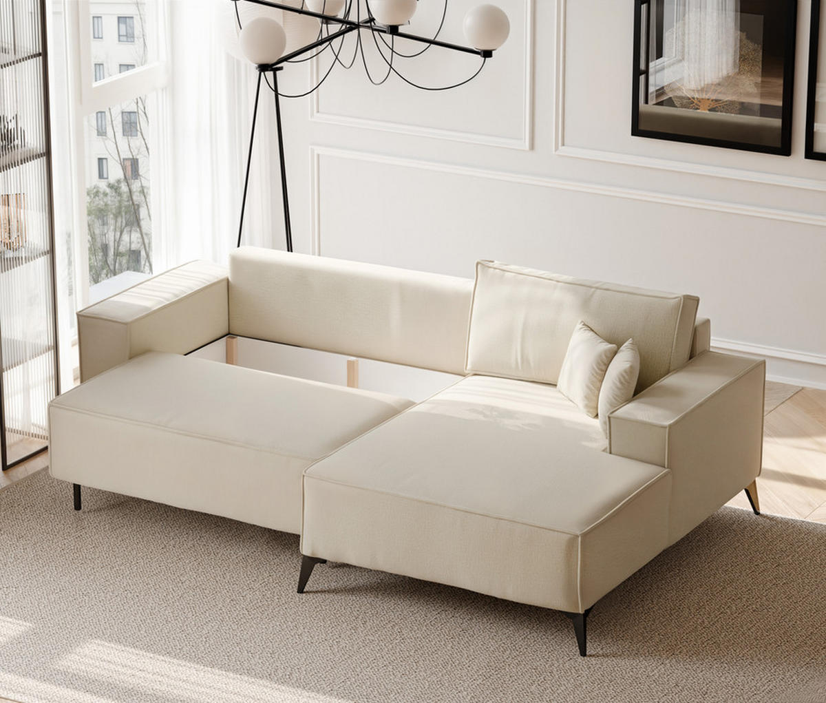 ECKSOFA OTIS Rechts, mit Schlaffunktion und Bettkasten, Creme - Creme, Textil/Metall (294/185cm) - Idohome
