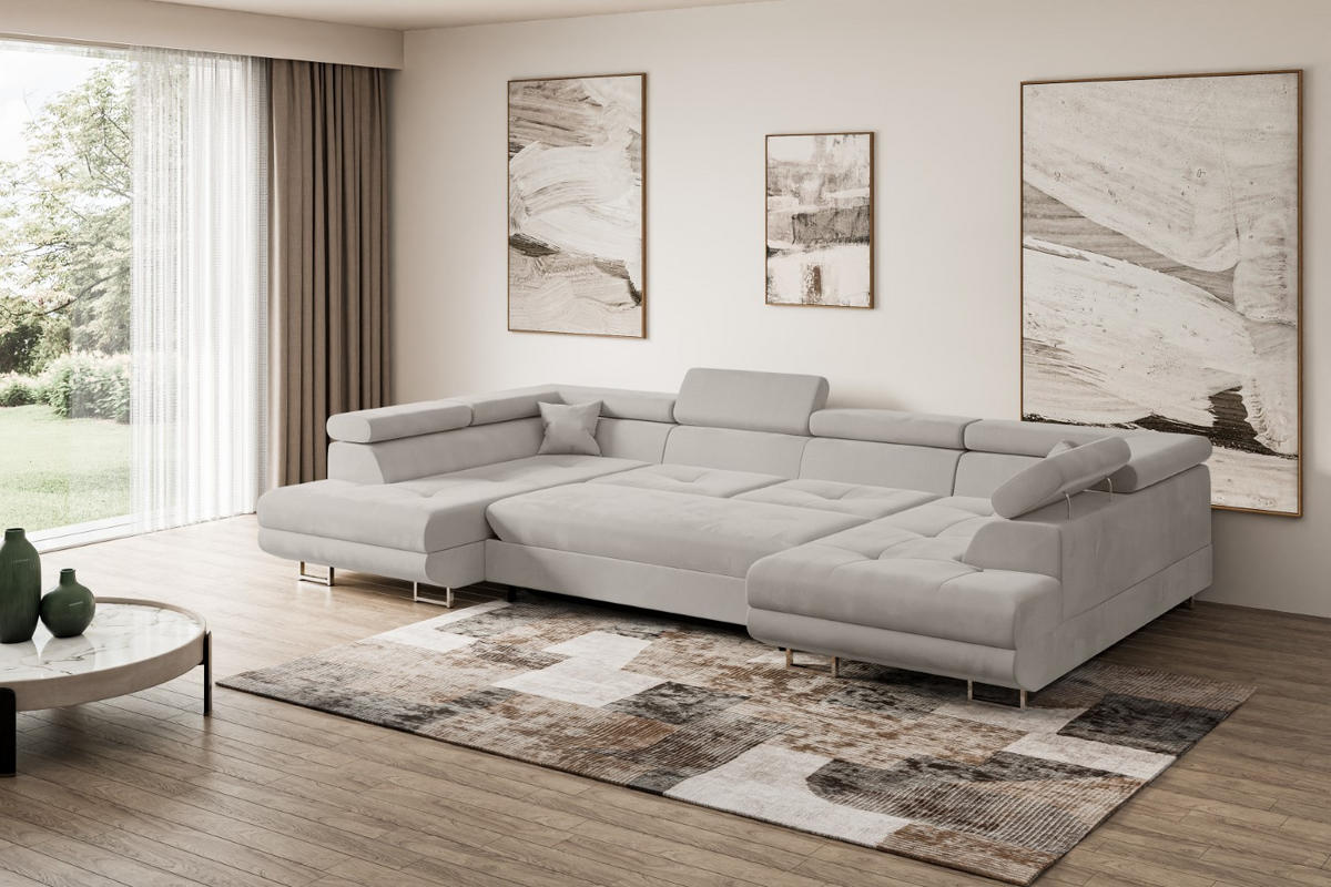 WOHNLANDSCHAFT mit Schlaffunktion und Bettkasten GUSA-U 342x202x107 cm Hellbraun Velours - Hellbraun/Silberfarben, Holzwerkstoff/Textil (342/107/202cm) - ALTDECOR