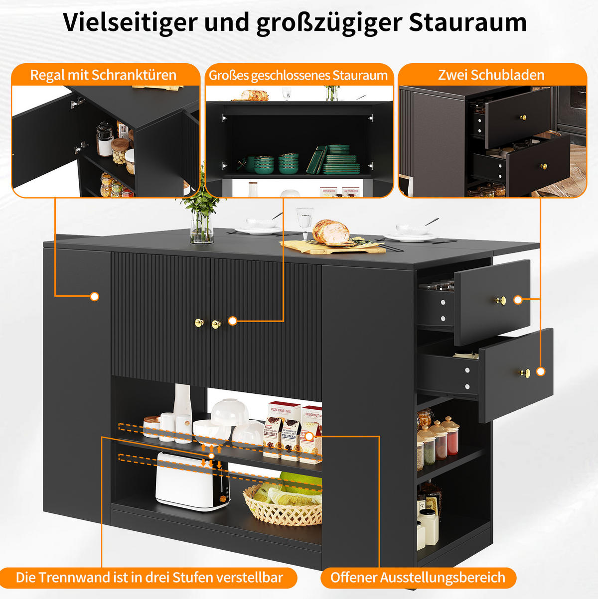KÜCHENINSEL 140/40/90 cm aus MDF mit klappbarer Tischplatte Schwarz - Schwarz, Holzwerkstoff (140/90/70cm) - Modenvie