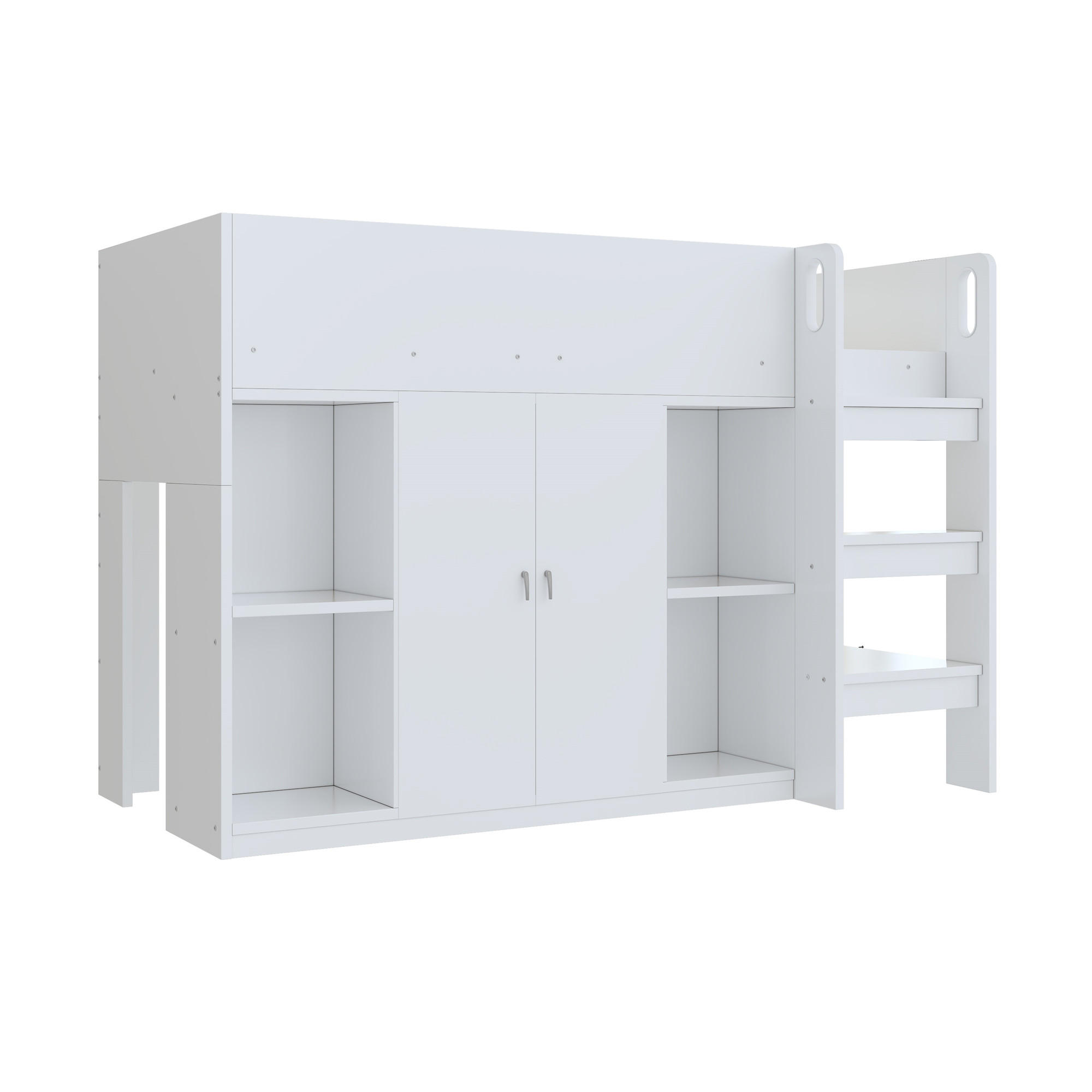 HOCHBETT aus Holz 90x200 cm in Weiß/Grau mit Leiter, Schrank & Regalen - Weiß, Holz (90/200cm) - Modfu