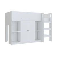 HOCHBETT aus Holz 90x200 cm in Weiß/Grau mit Leiter, Schrank & Regalen - Weiß, Holz (90/200cm) - Modfu