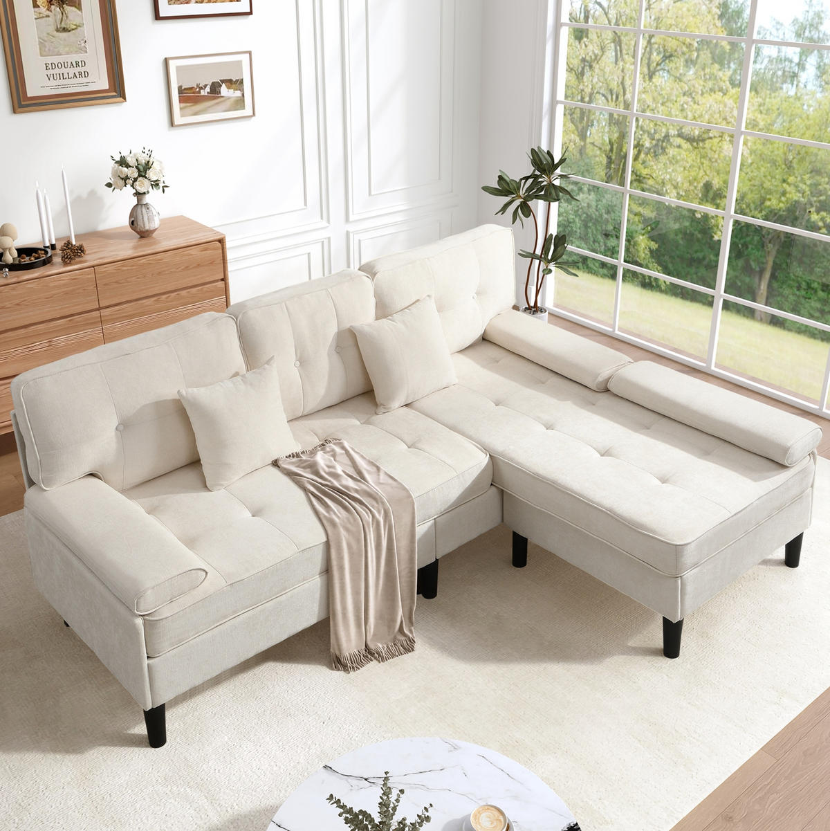 ECKSOFA aus Chenille 195x149x86 cm in Hellbeige mit beweglicher Fußbank - Beige, Textil (149/86/195cm) - Modfu