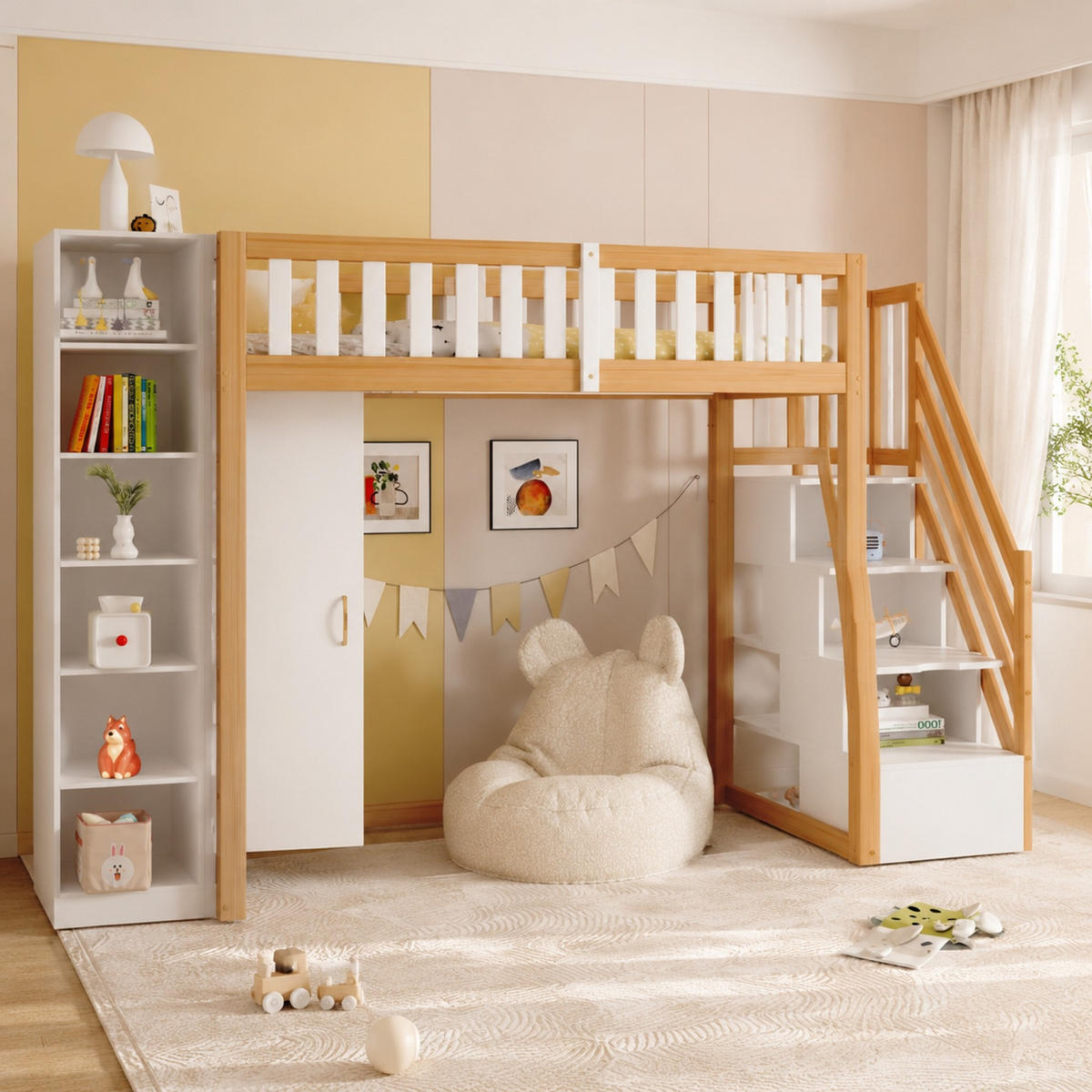 HOCHBETT 90/200 mit Kleiderschrank, Stauraumleiter und Regalen in Weiß und Naturholz - Weiß/Naturfarben, Holz/Holzwerkstoff (90/200cm) - EVRYAE