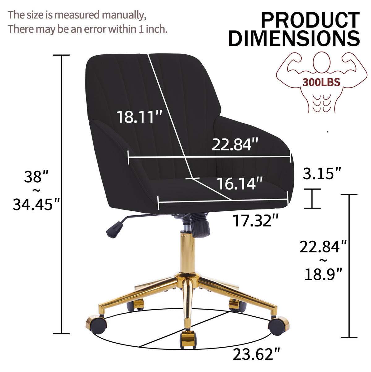 DREHSTUHL Sitzhöhe 60/62/97 cm schwarz aus Samt mit Ergonomie - Schwarz, Textil (60/97/62cm) - OKWISH