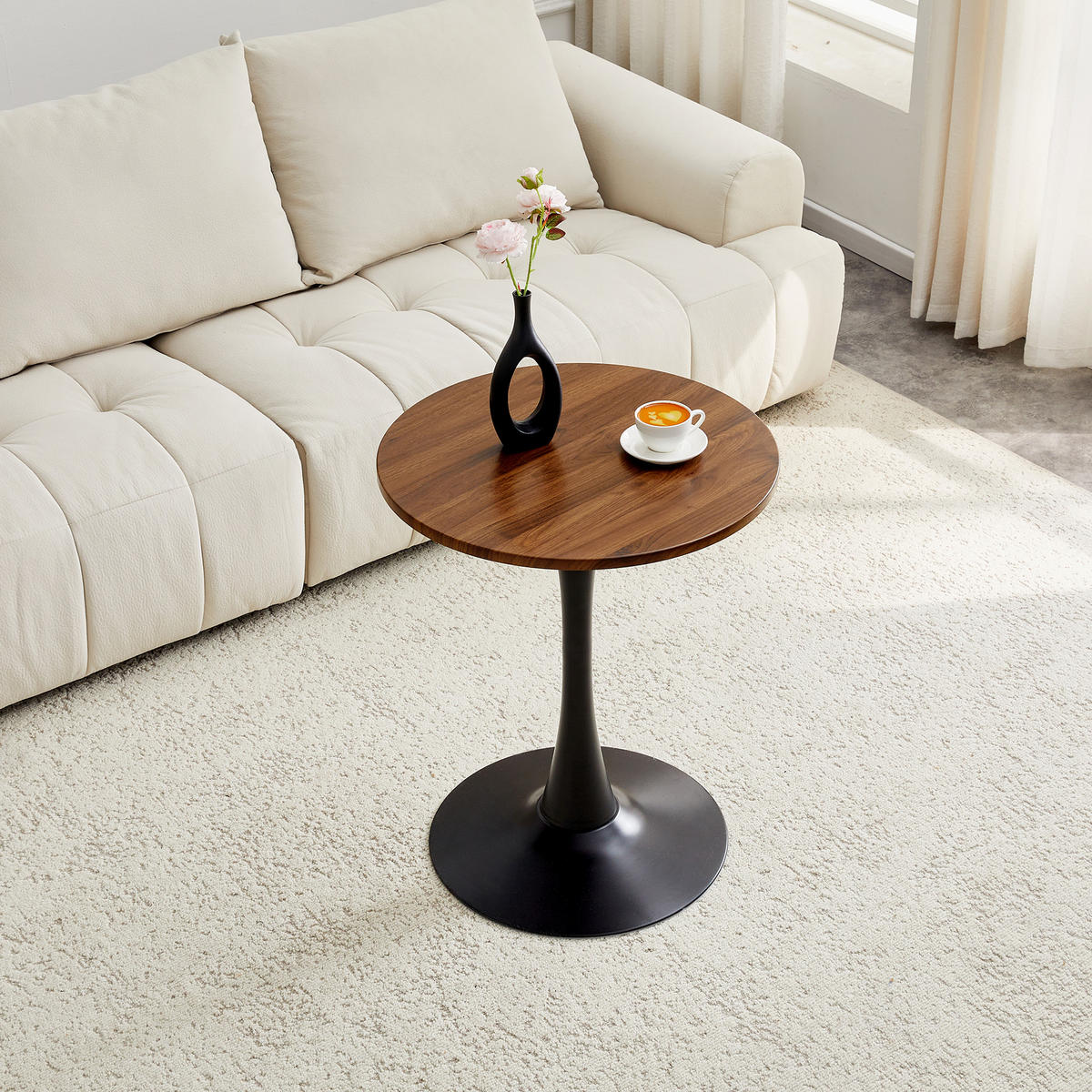 BEISTELLTISCH 60/60/72 cm walnussfarben/schwarz aus MDF und Metall mit runder Tischplatte - Schwarz, Holzwerkstoff (60/60/72cm) - OKWISH