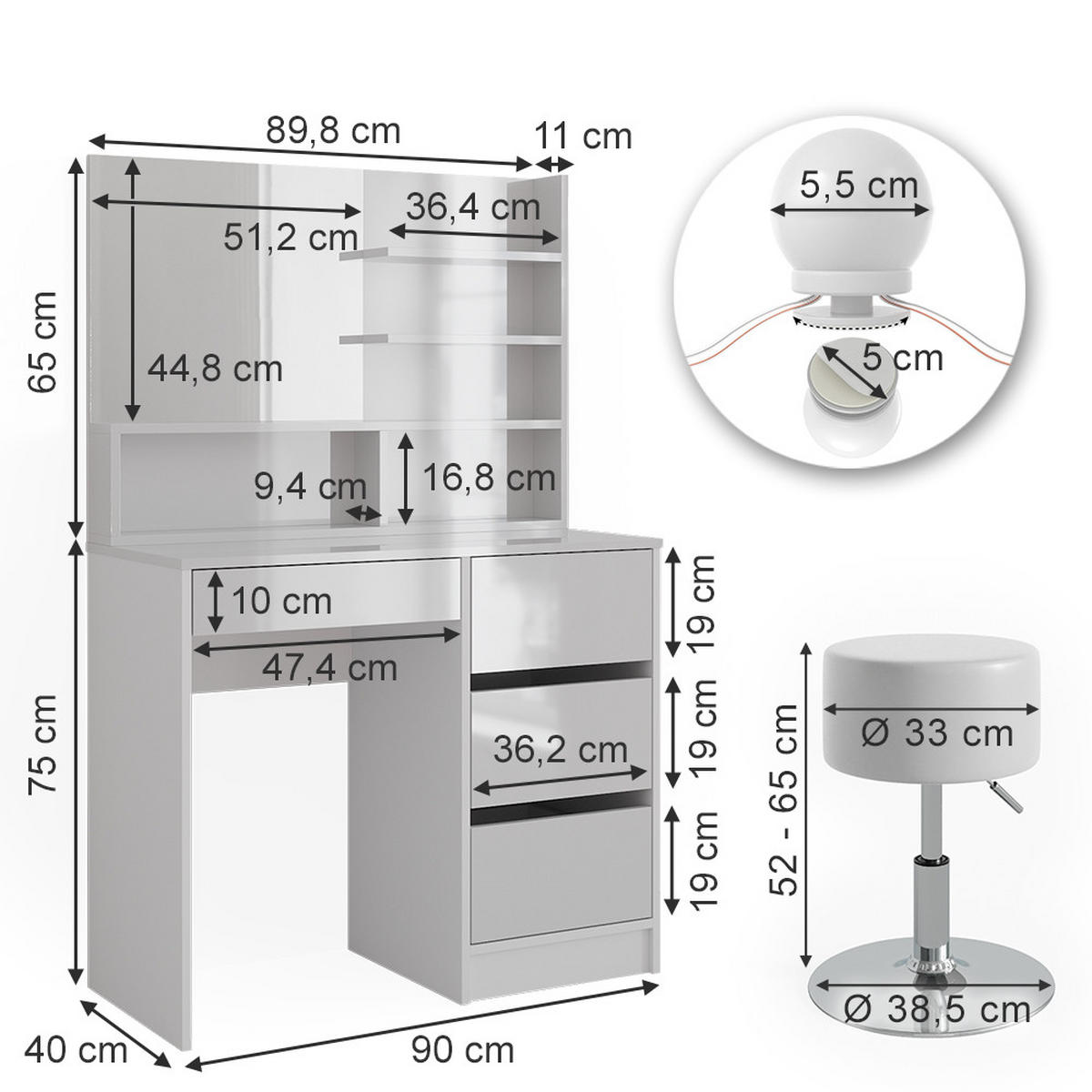 SCHMINKTISCH Sherry Weiß 140 cm mit LED Beleuchtung Hocker und Spiegelregal - Weiß, Holzwerkstoff (40/75/140cm) - Vicco