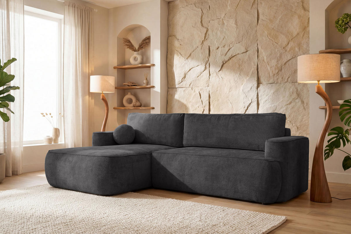 ECKSOFA Marion mit Schlaffunktion & Bettkasten in Chenille Graphit, Schwarz, Links 267/154/83 cm - Schwarz/Graphitfarben, Kunststoff/Textil (267/154cm) - WFL GROUP