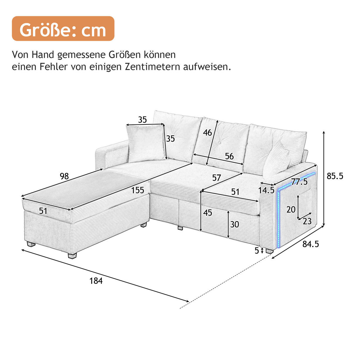 SOFA mit LED und Hocker L-Form Cord Antique Gray 5-Kissen-Set - Grau, Kunststoff (184/84.5cm) - IVMEU