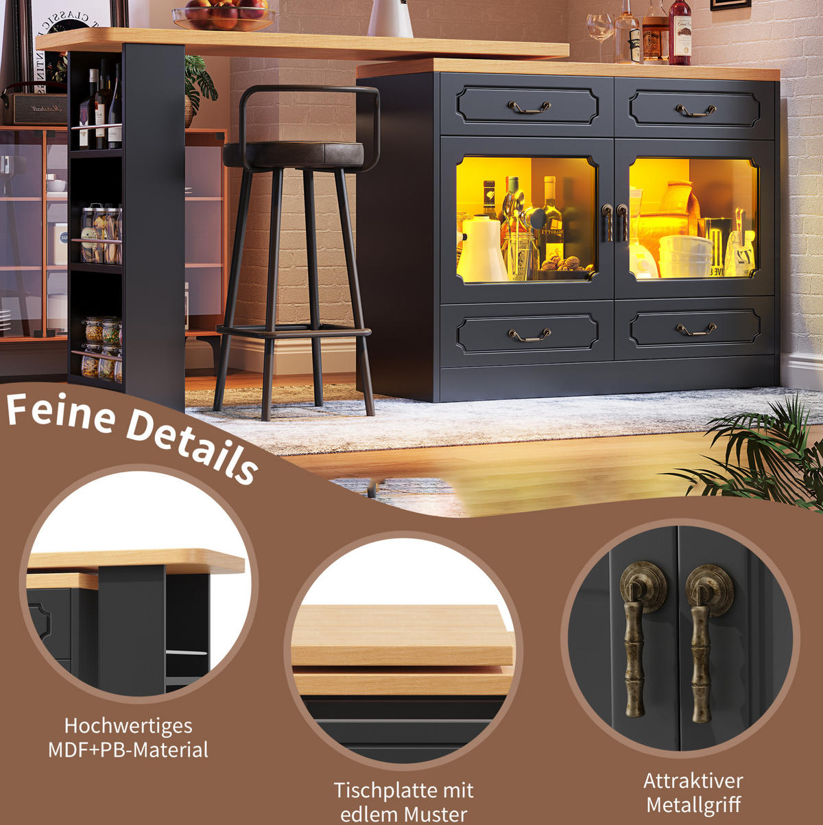 BARTISCH Ausziehbarer aus MDF mit 360° Drehplatte & LED, 135-203/39/92,8 cm, Schwarz - Schwarz, Holzwerkstoff (39/92.8/135cm) - Redom