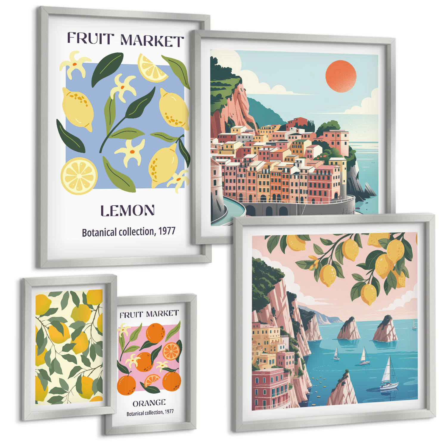 BILDER SET 5er Set - 50x50 cm & 20x30 cm & 40x60 cm Silberner Rahmen - Italienische Zitronenurlaube Capri - Silberfarben, Kunststoff (40/60cm) - TULUP