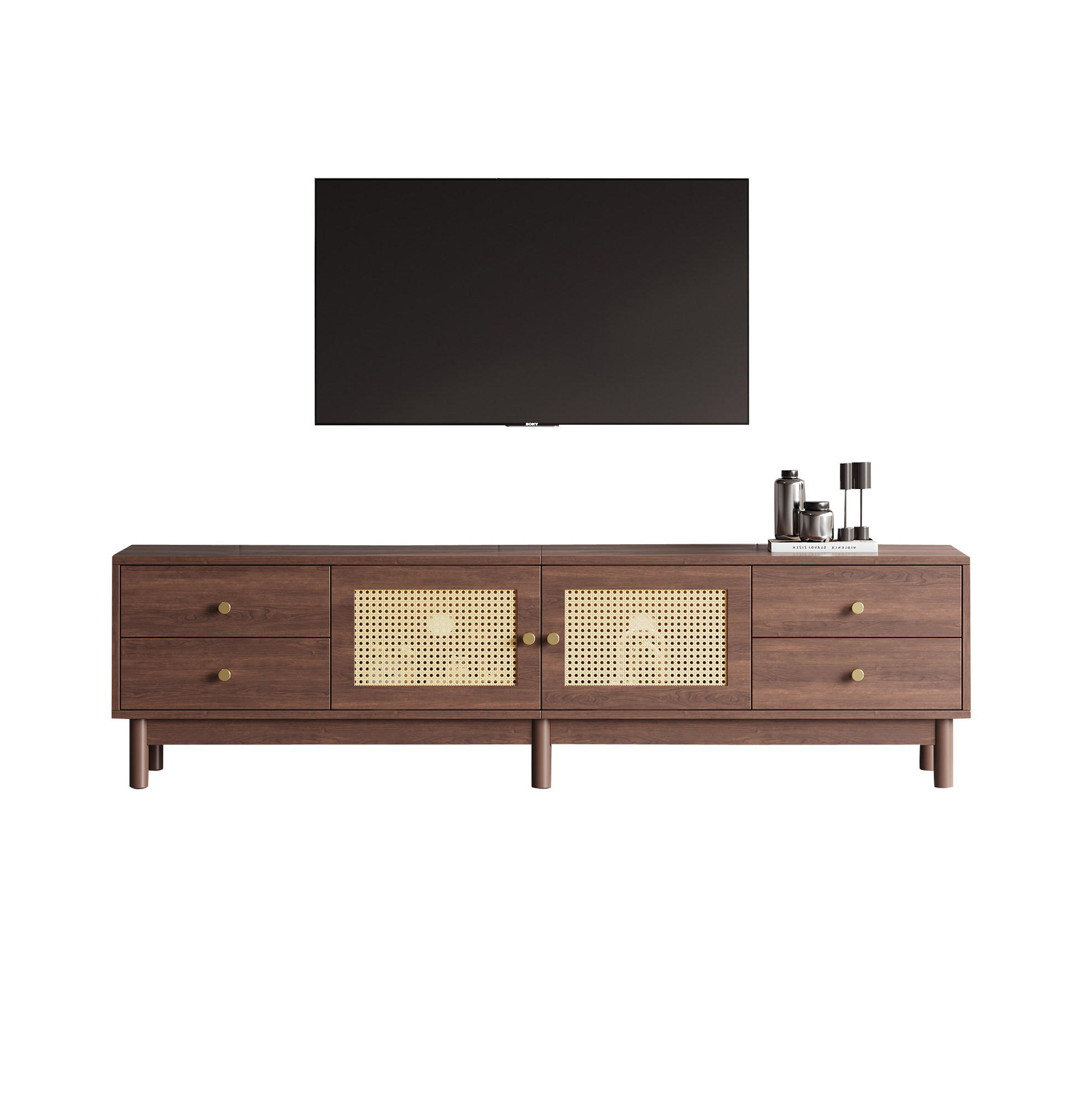 LOWBOARD 180/35/44 cm Braun aus Holzwerkstoff mit Rattantüren und Kabelmanagement - Rotbraun, Holzwerkstoff (35/44/180cm) - OKMYHOME