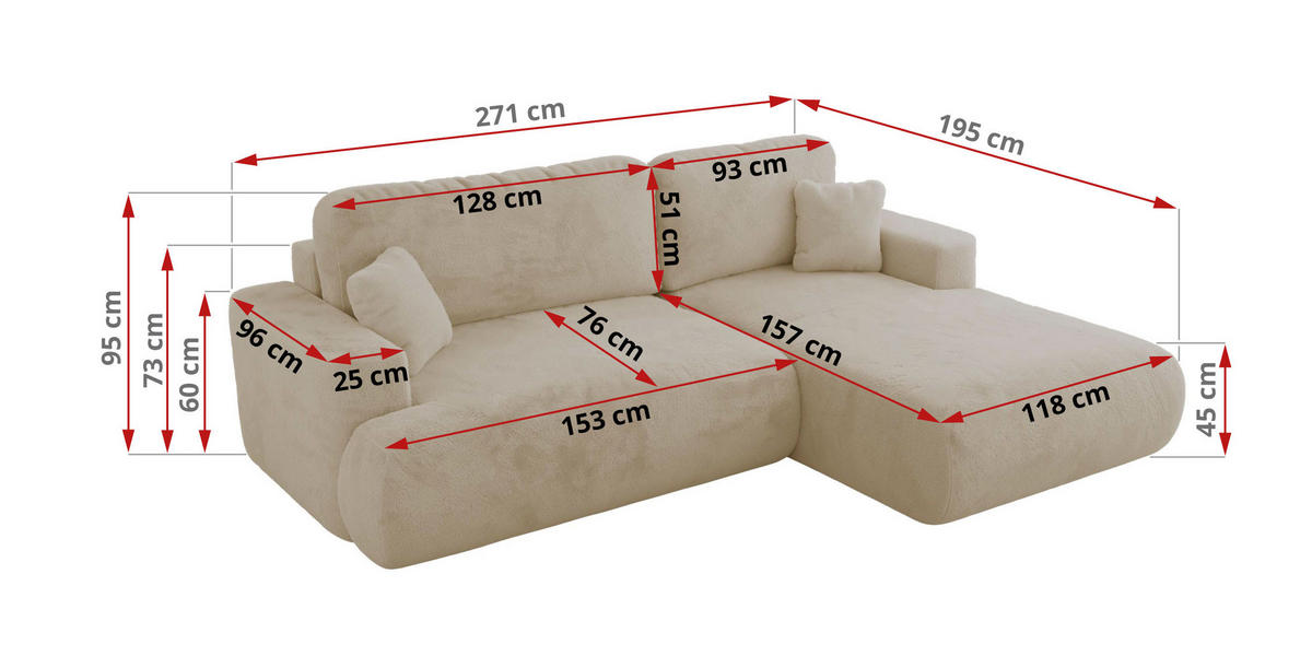 ECKSOFA OVO L Creme Plüsch - Rechts Seite - Creme/Schwarz, Kunststoff/Textil (195/271cm) - MKS
