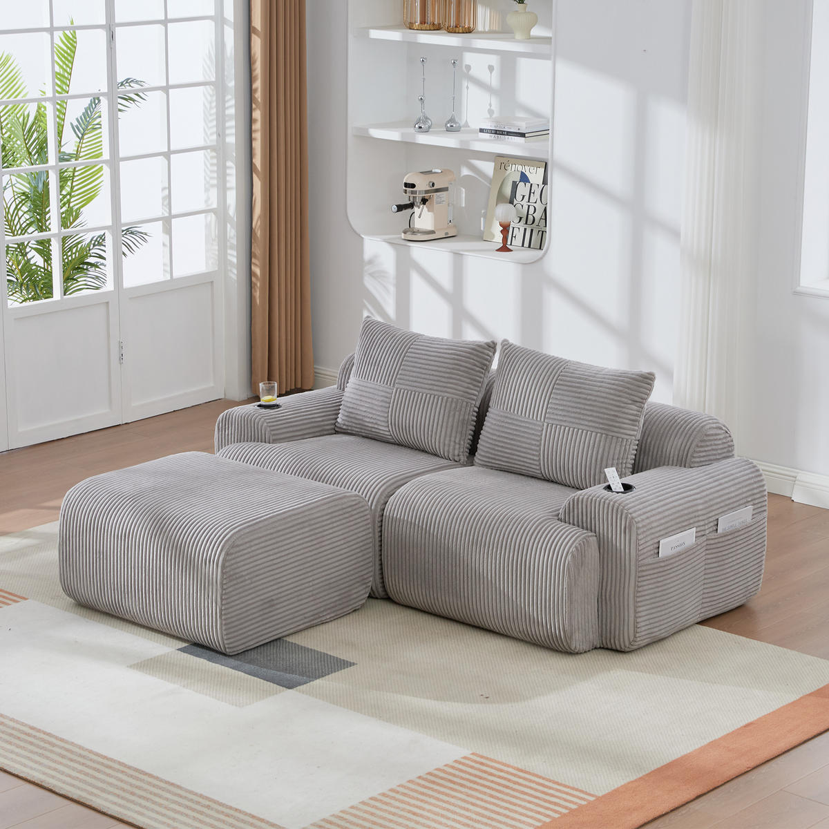 MODULARES 2-Sitzer Sofa Cordstoff mit Getränkehalter und Seitentasche 200/174/80 cm Hellgrau - Hellgrau, Textil (174/200cm) - Redom