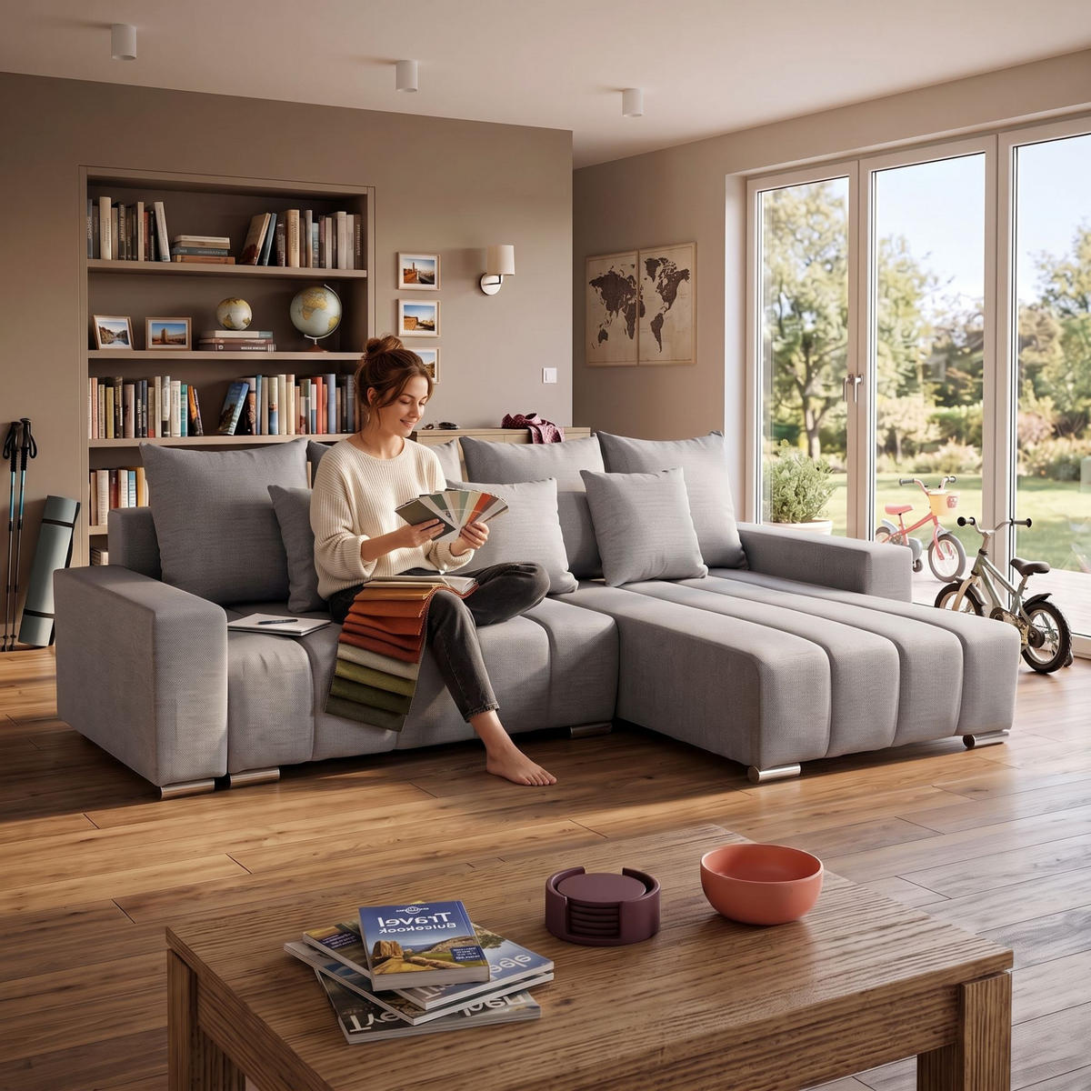 ECKSOFA Piano L Rechts mit Schlaffunktion 137x234 Velours Taupe - Taupe/Silberfarben, Holz/Textil (178/278cm) - NACANAPA