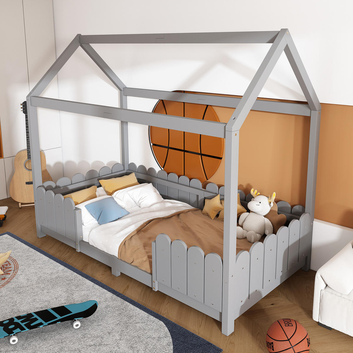 POSTELJA v obliki hiše 90/200 cm siva iz borovega lesa in MDF z varovalno ograjo ter letvenim dnom - siva, les (90/200cm) - OKWISH