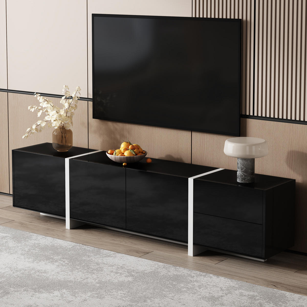 TV-STÄNDER 170/30/39 cm schwarz/weiß Hochglanz mit LED-Beleuchtung und geräumigem Stauraum - Schwarz, Holzwerkstoff (170/39/30cm) - OKWISH