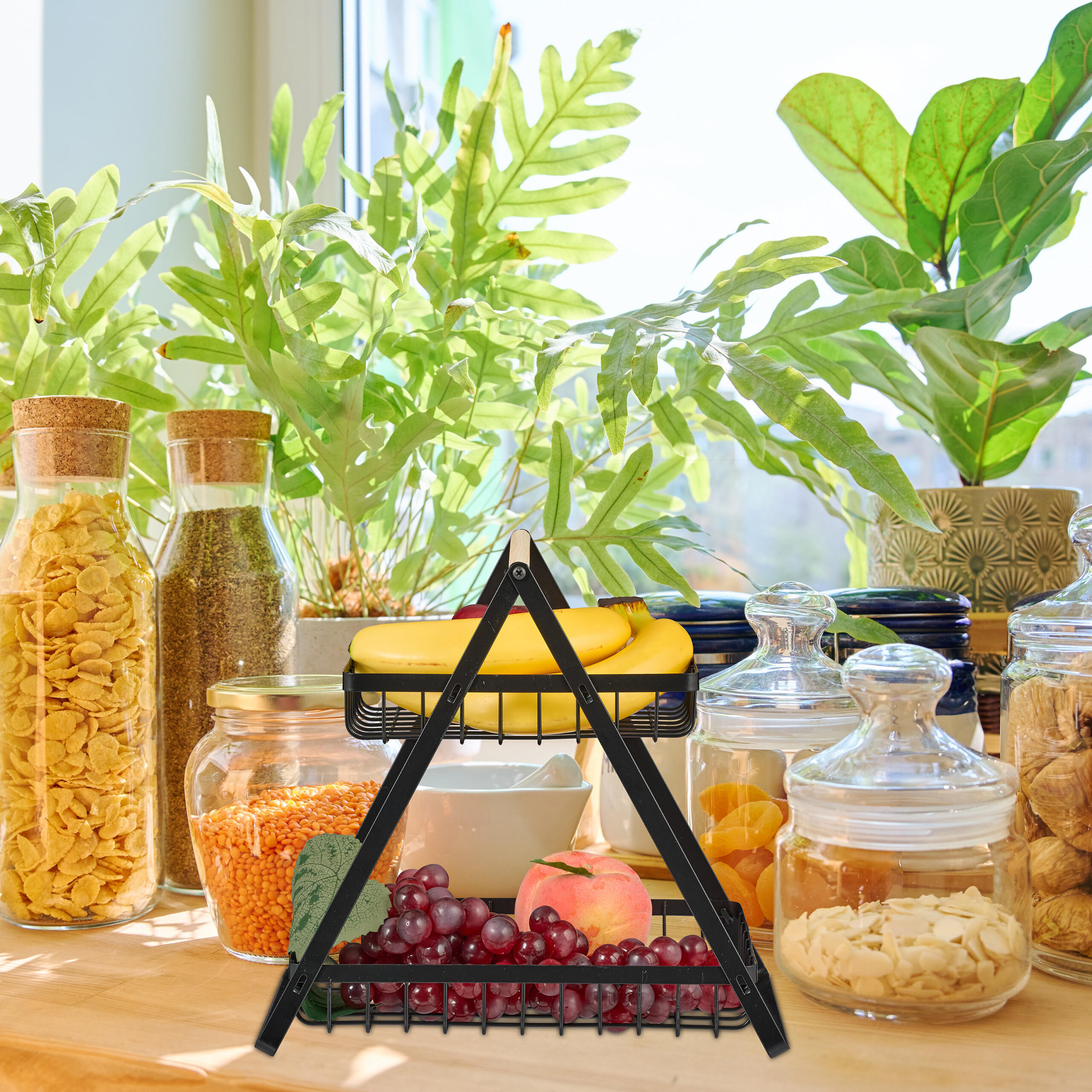 OBSTKORB-ETAGERE - Schwarz, Holz/Metall (18/28cm) - Relaxdays