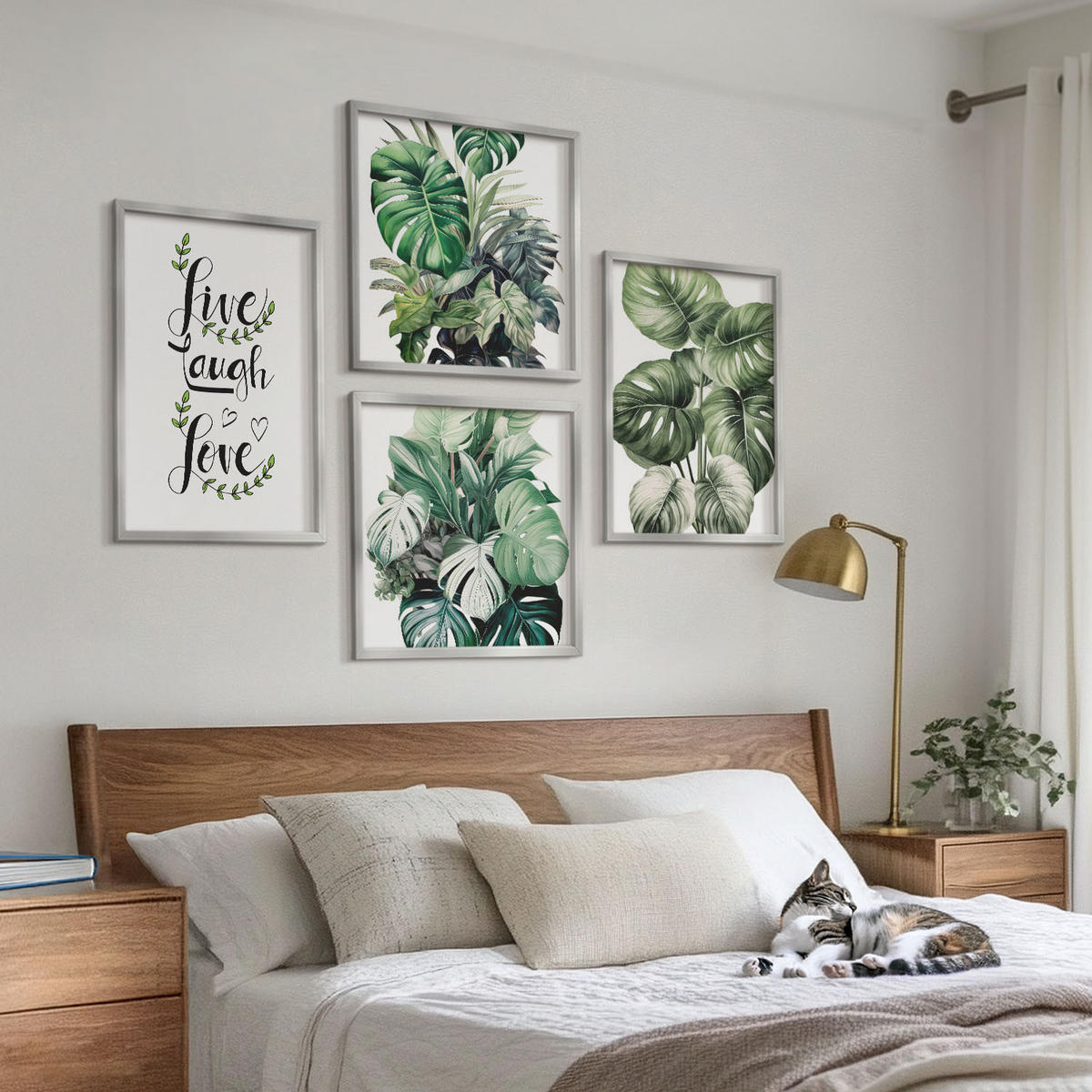 WANDBILDER 4er Set - 50x50 cm & 40x60 cm Silberner Rahmen - Blattpflanzen leben, lachen, lieben - Silberfarben, Kunststoff (50/50cm) - ArtPrintCave