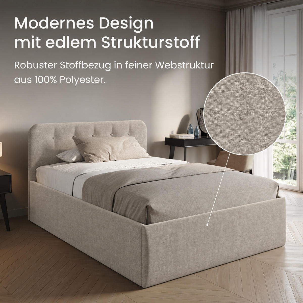 POLSTERBETT mit verstellbarem Lattenrost & Bettkasten, Kaltschaummatratze, 120 x 200 cm in Creme - Creme, Holzwerkstoff/Textil (120/200cm) - Home Collective