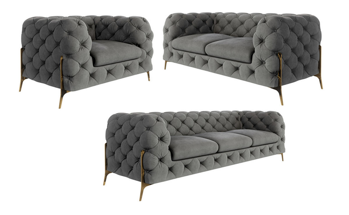SITZGARNITUR 3+2+1 Chesterfield Lexi Grau Samt - Goldfarben/Grau, Holz/Textil (243/75/100cm) - S-Style Möbel