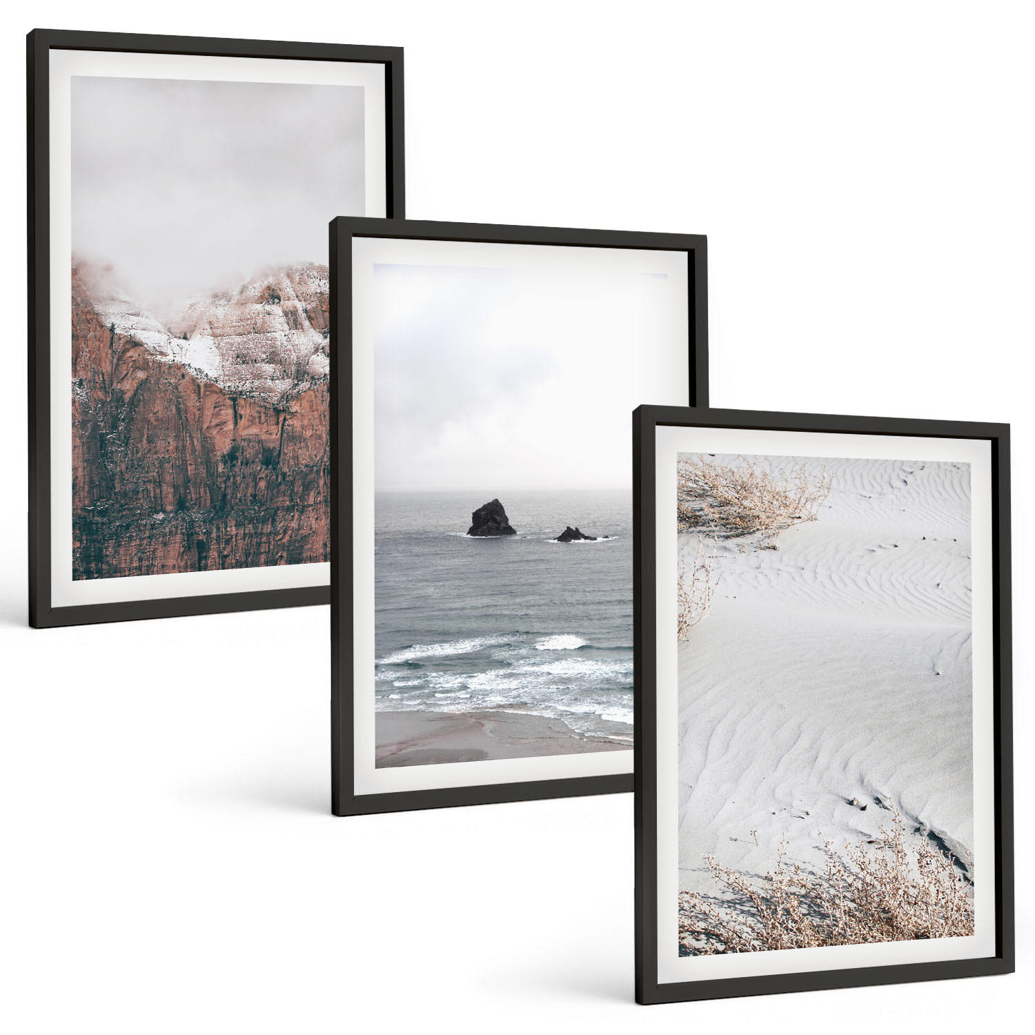 BILDER SET 3er Set - 40x60 cm Schwarzer Rahmen - Berge, Wolken, Meer, Sand, Natur - Schwarz, Kunststoff (40/60cm) - TULUP