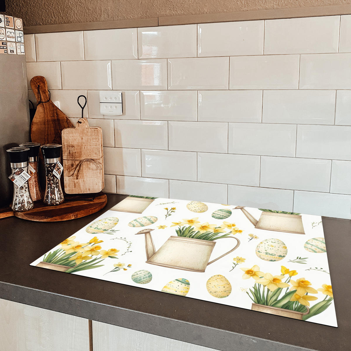 HERDABDECKPLATTE Gießkanne - Blumen - Eier Herdabdeckung Induktionsfeld 70x52 cm - Weiß, Kunststoff (70/52/0.2cm) - MuchoWow