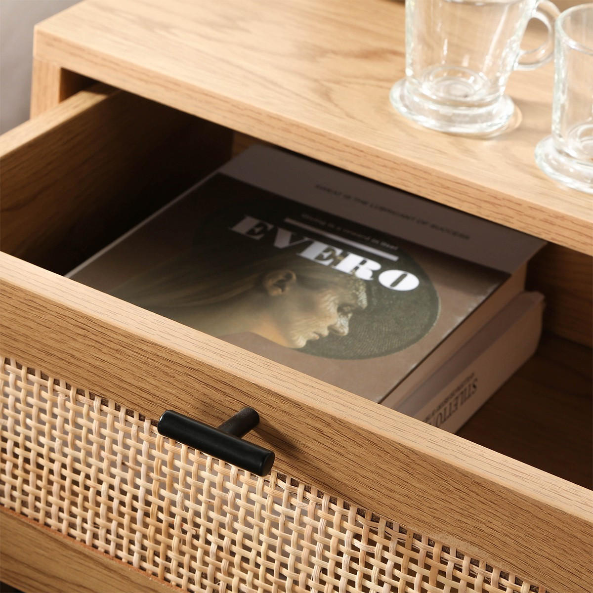 NACHTTISCH mit Rattanfront, Schublade und einem Regal H50 cm - JAYA - Apfelbaumfarben, Holzwerkstoff (35/50/45cm) - Calicosy