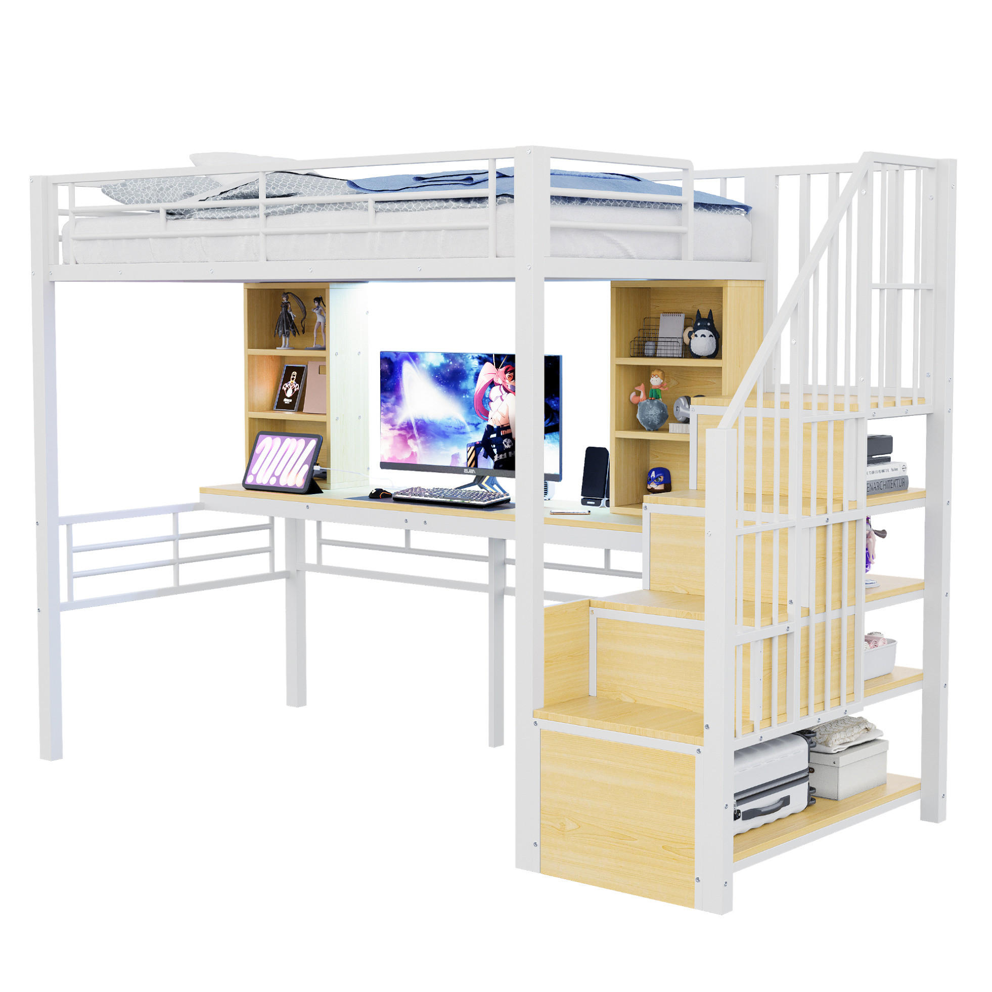 HOCHBETT 90/200 cm, Weiß mit Schreibtisch, LED und Stauraumtreppe - Weiß, Metall (90/200cm) - MIVRAY