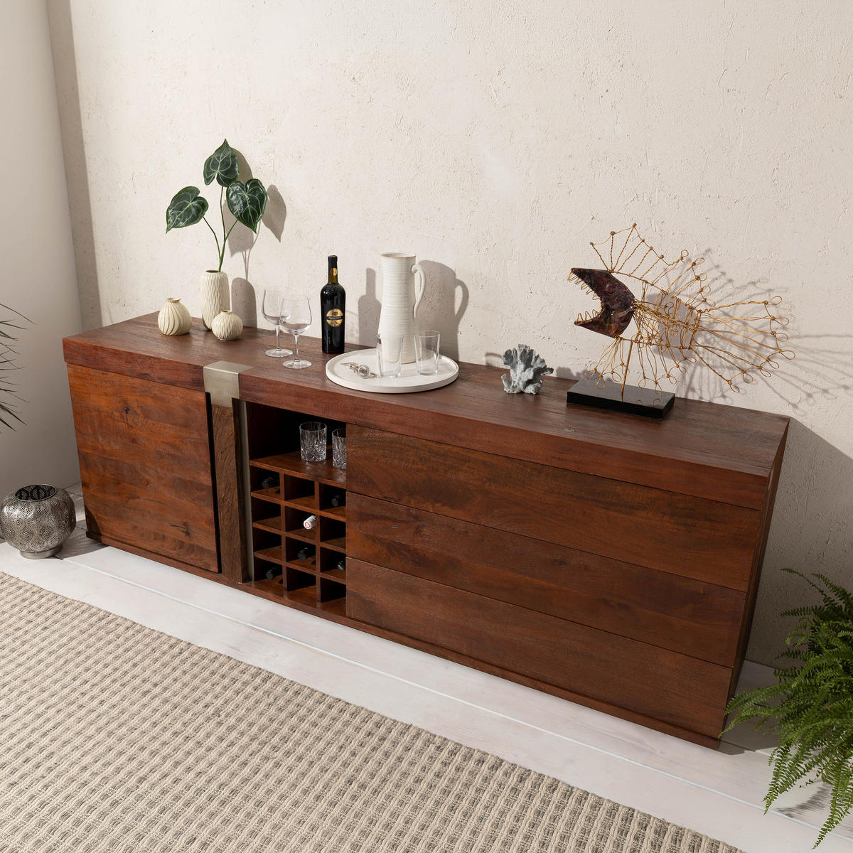 SIDEBOARD Mango 215x45x75 braun lackiert Amsterdam #29 - Braun, Holz (215/75/45cm) - Massivmoebel24