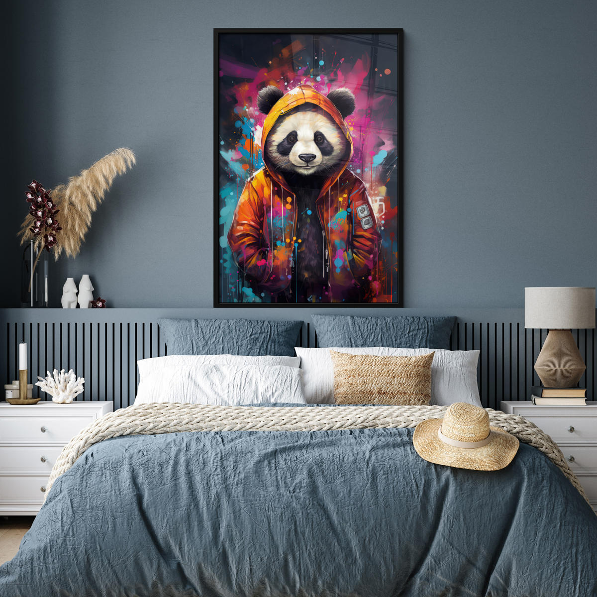 GERAHMTES BILD Panda - Jacke - Graffiti - Orange 80x120 cm - Orange, Papier (80/120cm) - MuchoWow