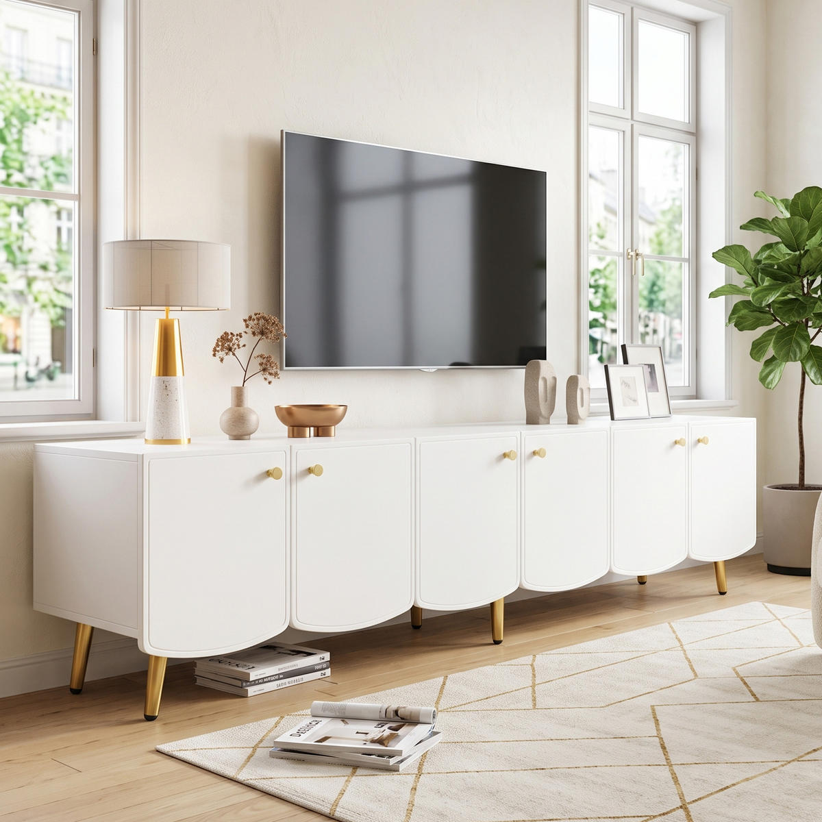 TV-BÄNK Vit & guld 180 cm sideboard med 6 dörrar & metallfötter modern - Vit, Träbaserade material (180/45/40cm) - Urban Meuble