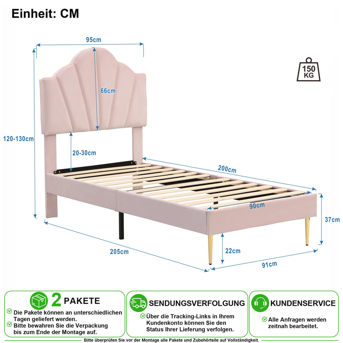 POLSTERBETT 90/200 cm in Rosa mit Verstellbarem Kopfteil und Polsterbank Samt - Rosa, Holzwerkstoff/Textil (90/200cm) - CHICFURN