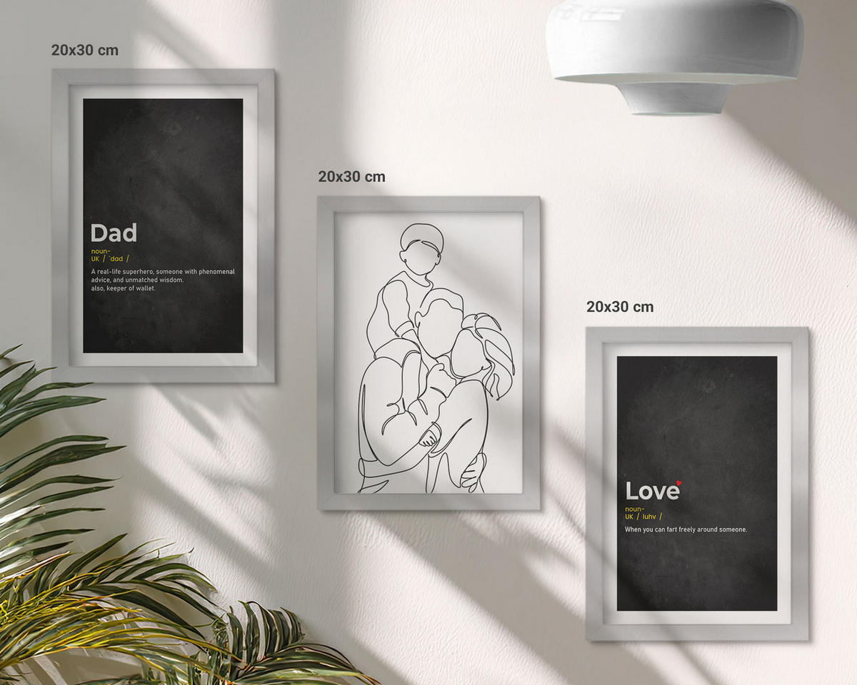 WANDBILDER 3er Set - 20x30 cm Silberner Rahmen - Familiengeschichte, Kunst, Liebe, Vaterschaft - Silberfarben, Kunststoff (20/30cm) - ArtPrintCave