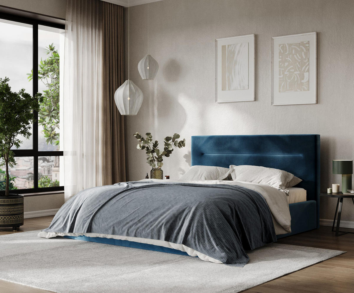 POLSTERBETT Liline 140/200 cm Dunkelblau im Kronos Stoff - Schwarz/Naturfarben, Holz/Holzwerkstoff (140/200cm) - AltaBeds