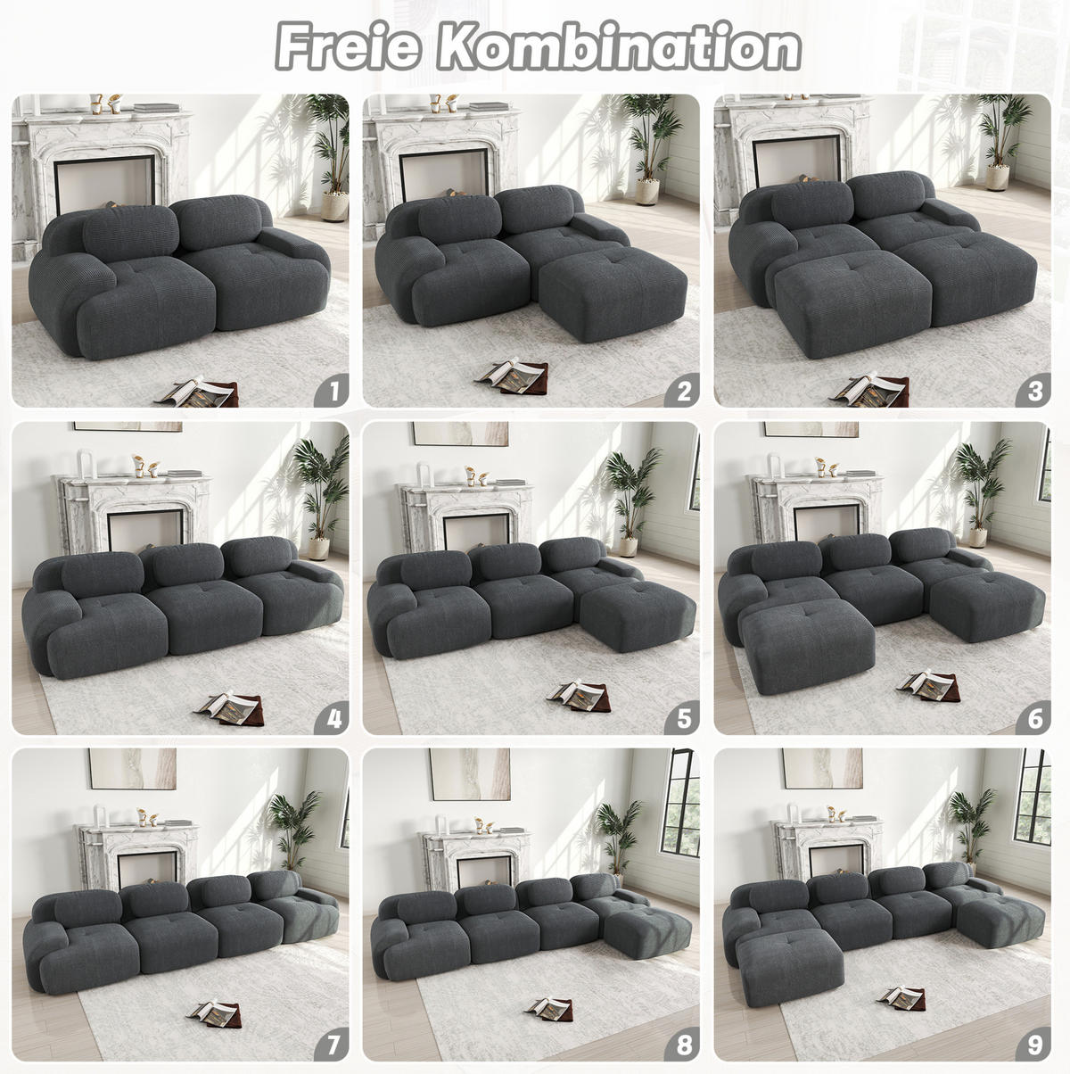 3-STIZER Sofa rahmenlos mit 32D-Hochdichteschaum, geschwungenen Armlehnen und Cordstoff, Grau - Grau, Textil (298/75/178cm) - Redom