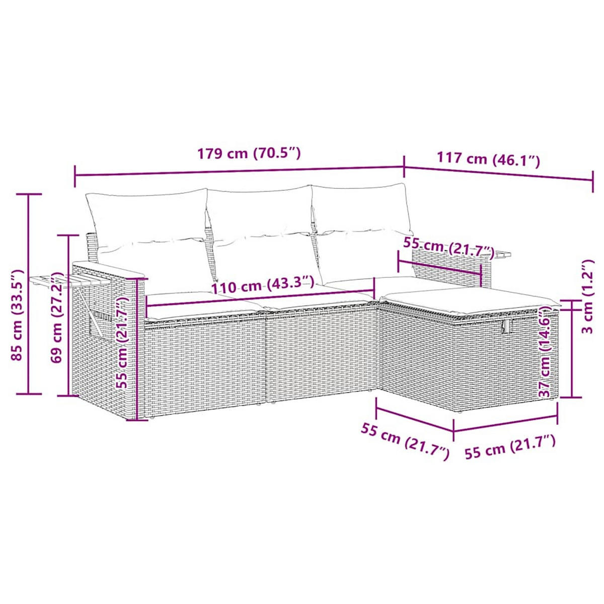 GARTEN-SOFAGARNITUR 4-TLG. Mit Kissen Grau Poly Rattan - Grau, Kunststoff - vidaXL