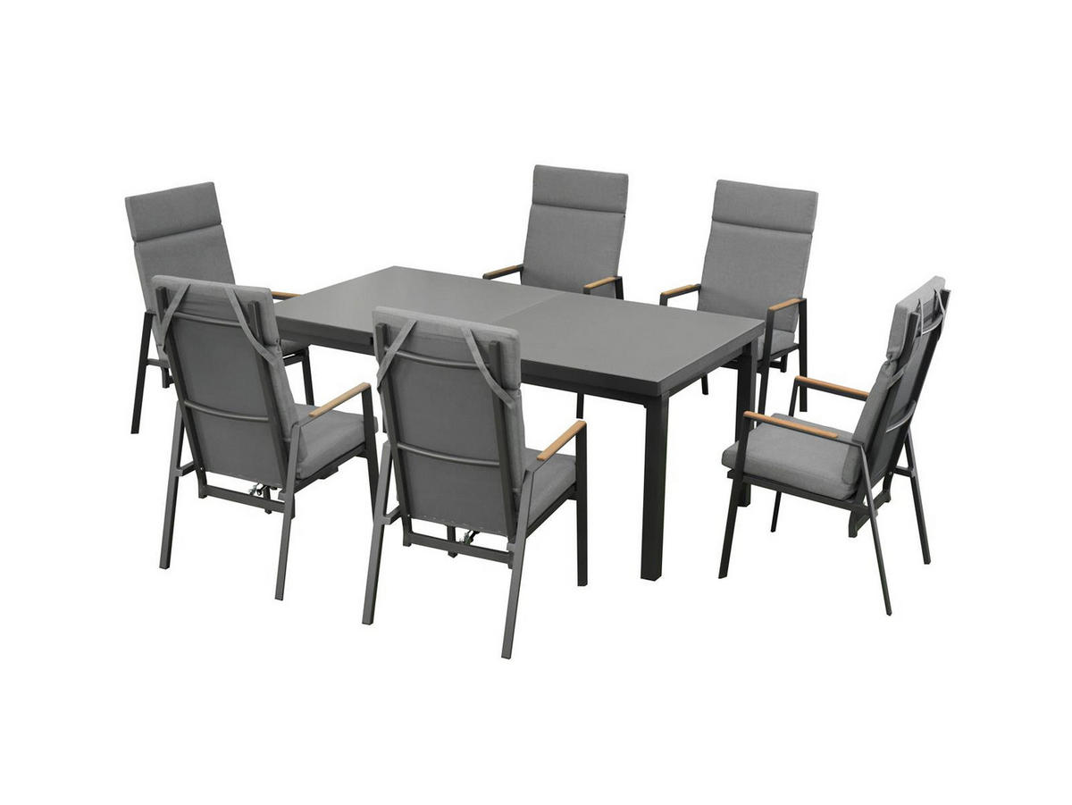 GARTENMÖBEL-SET Chicago 1 Aluminium ausziehbarer Tisch 6x Hochlehner Stapelstühle - Grau, Kunststoff - Green Spirit