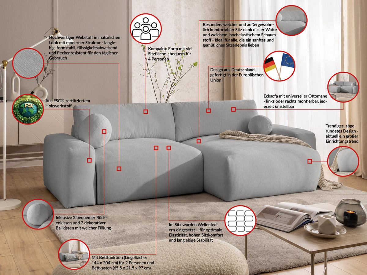 ECKSOFA Puffy mit Schlaffunktion und Bettkasten - besonders weich und puffig aus Grau Webstoff - Ottomane rechts - Schwarz/Grau, Holz/Kunststoff (266/138cm) - S-Style Möbel