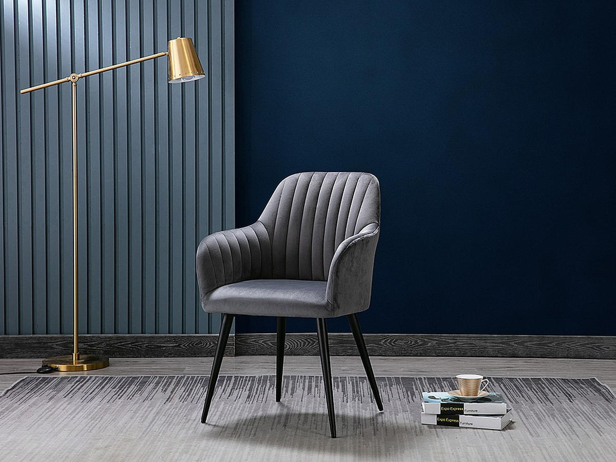 STUHL mit Armlehnen 6er-Set - Samt & Metall schwarz - Grau - ELEANA - Anthrazit, Textil (59/82/58cm) - Vente-Unique