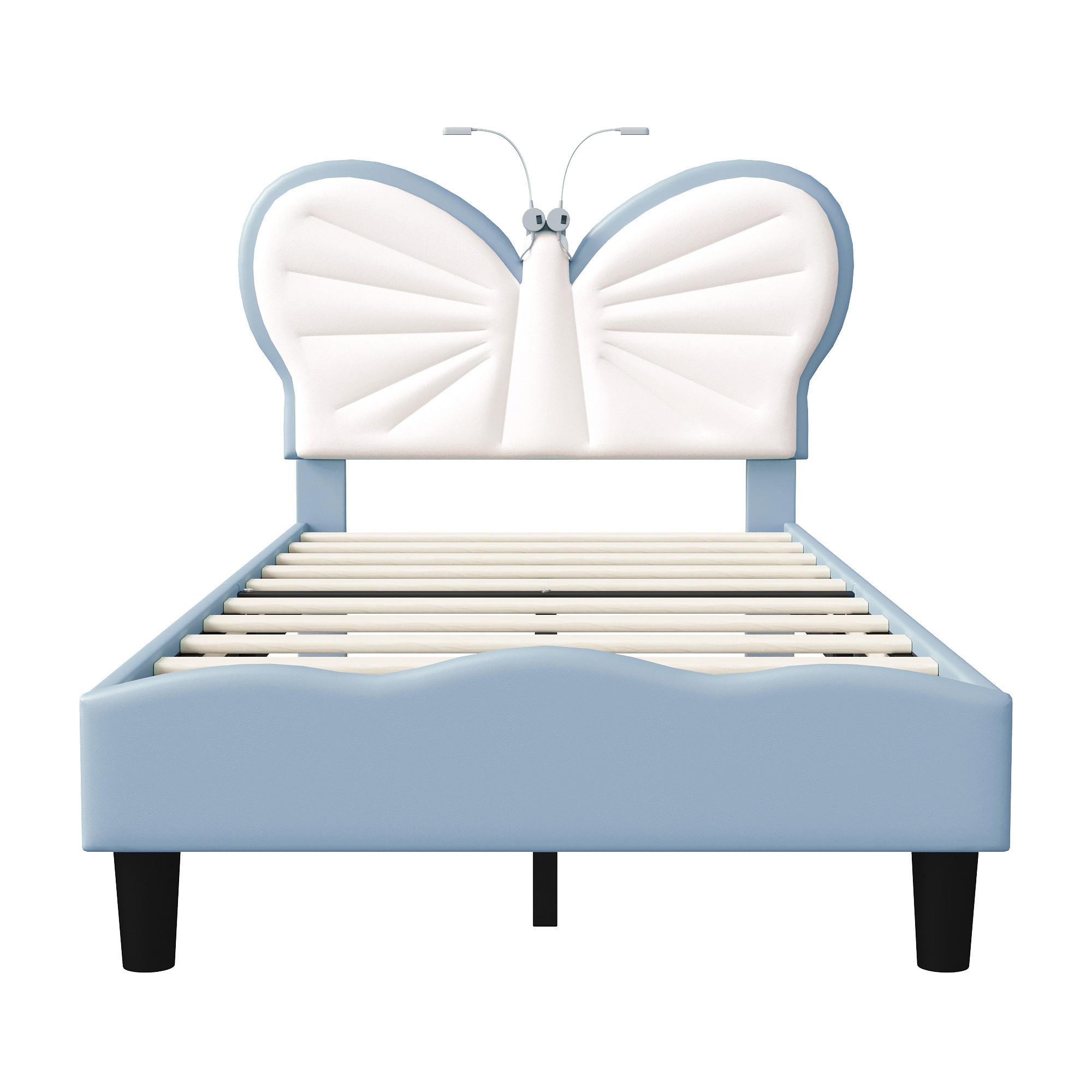 POLSTERBETT 90x190 cm Kinderbett mit Schmetterling Kopfteil, LED Leselicht, Blau Weiß - Blau, Metall (90/190cm) - EuroLiving