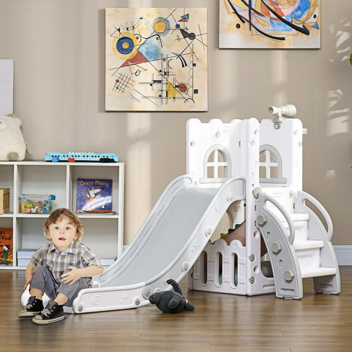 KINDERRUTSCHE 5-in-1 mit Klettergerüst und Basketballkorb Grau 70 x 177 x 92 cm - Grau, Kunststoff (70/92/177cm) - Korfee