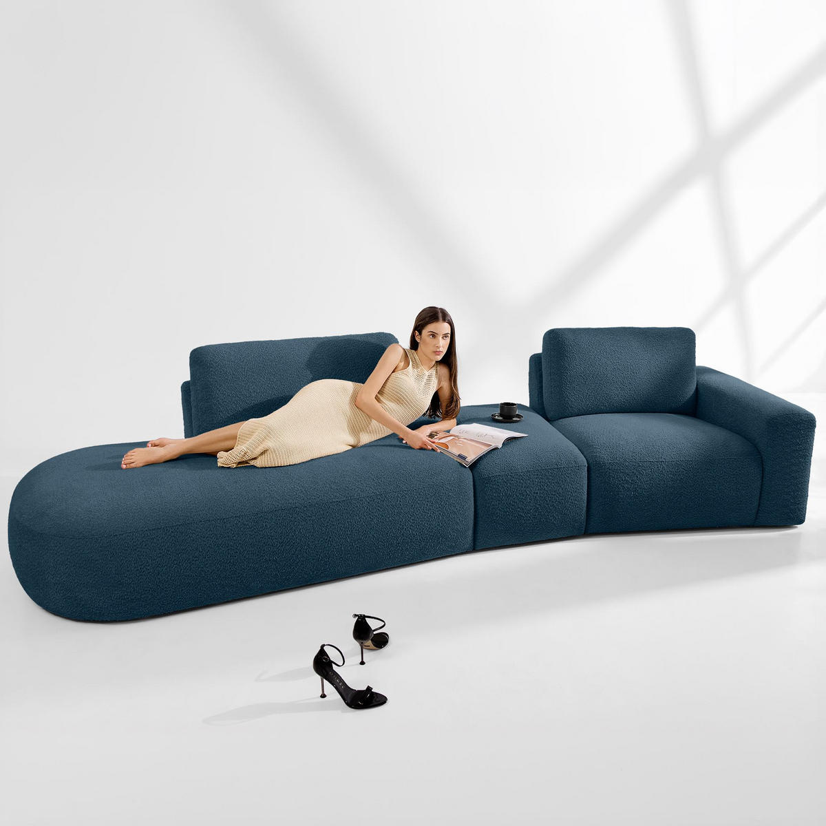 4-SITZER ECKSOFA ZUCCO Boucle links, Nachtblau - Dunkelblau, Textil (350/84/105cm) - KONSIMO®