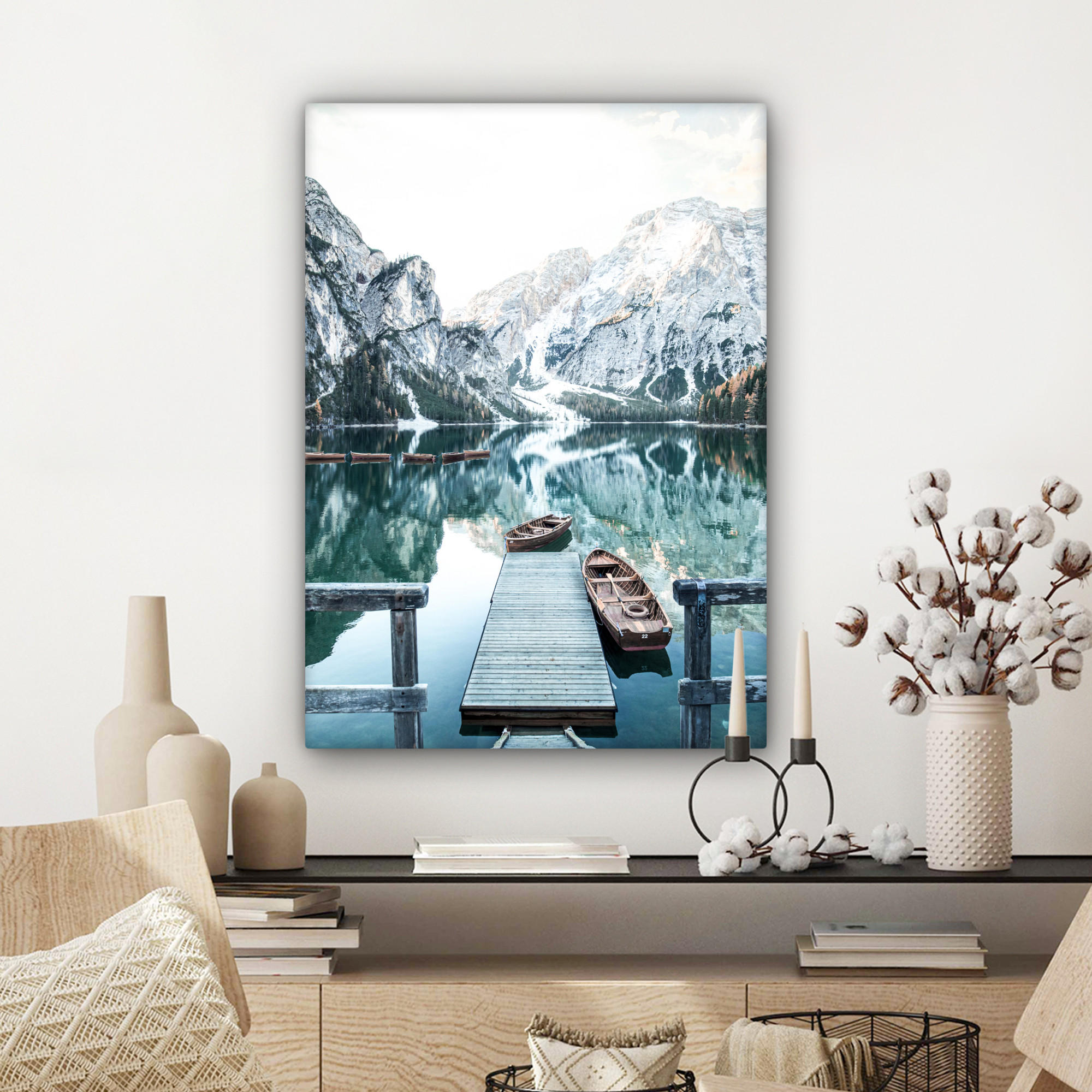 LEINWANDBILD Natur - Berge - Schnee - Wald - Boot 60x80 cm - Hellgrün, Textil (60/80cm) - MuchoWow