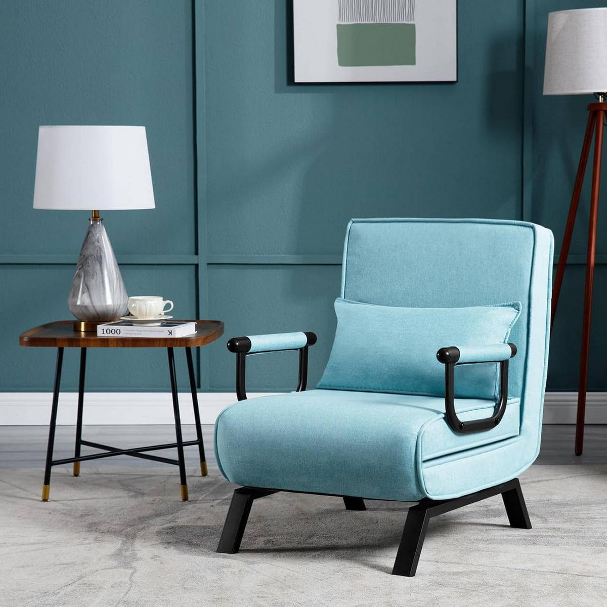 SCHLAFSESSEL 3 in 1, mit Verstellbarer Rückenlehne, Leinen Blau - Blau/Schwarz, Textil/Metall (65/78/75cm) - Woltu