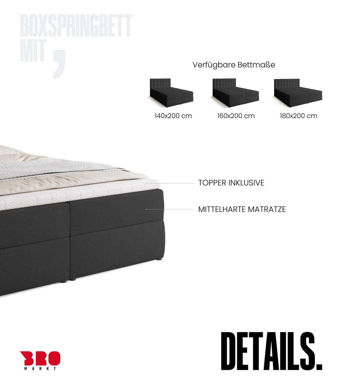 BOXBETT Detroit mit Topper 160/200 Anthrazit - Anthrazit, Holzwerkstoff/Textil (160/200cm) - Bromarkt