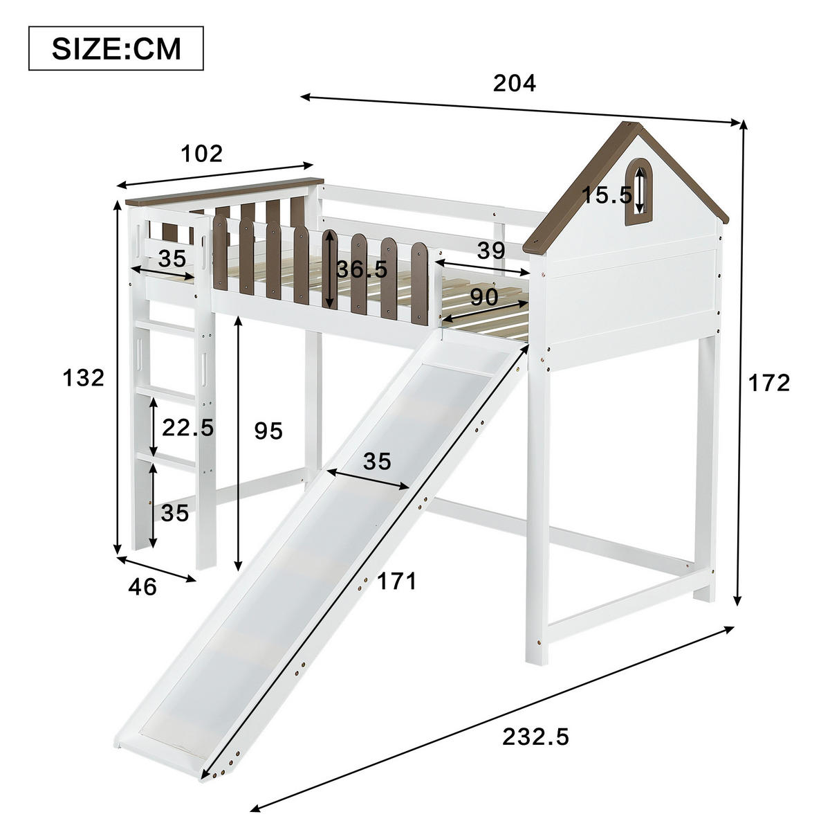 HOCHBETT mit Rutsche, Dach und Fenster, Weiß/Walnuss, 90/200 cm - Weiß, Holz (90/200cm) - MIVRAY