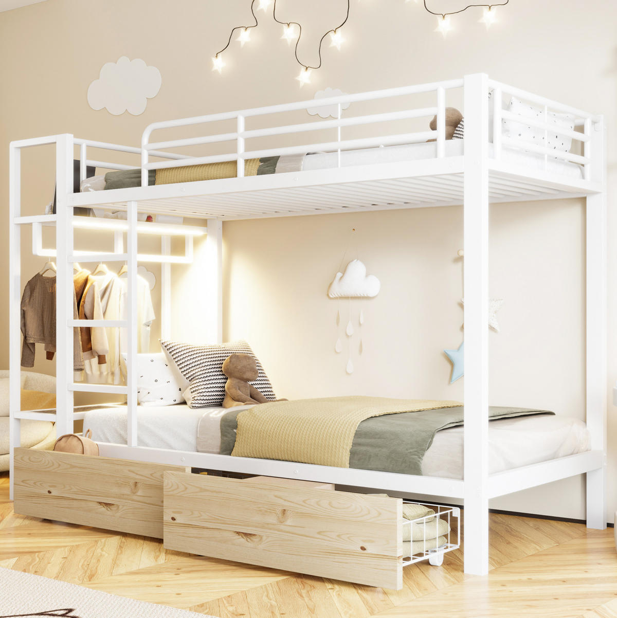 ETAGENBETT aus Metall 90x200 cm Weiß mit LED-Lichtleiste, 2 Schubladen, Ablageflächen und Kleiderstange - Weiß, Metall (90/200cm) - Modfu