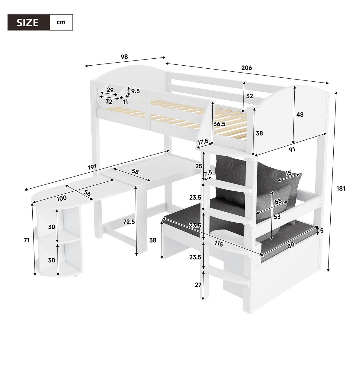 HOCHBETT mit Schreibtisch 90/200 cm in Weiß – mit Sofa, Stauraum und Leiter - Weiß, Holzwerkstoff (90/200cm) - BEAOK