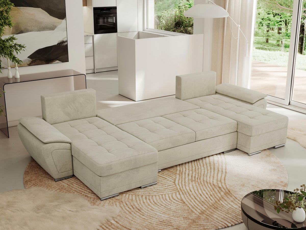 WOHNLANDSCHAFT UMBRIA U Beige Velvet - Beige/Grau, Textil/Metall (336/85/157cm) - MKS