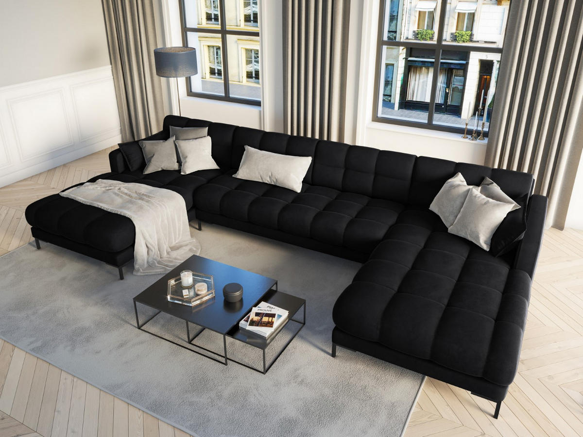 PANORAMASOFA Mamaia aus Samt schwarz 6 Sitzplätze - Schwarz, Textil (185/75/383cm) - Micadoni